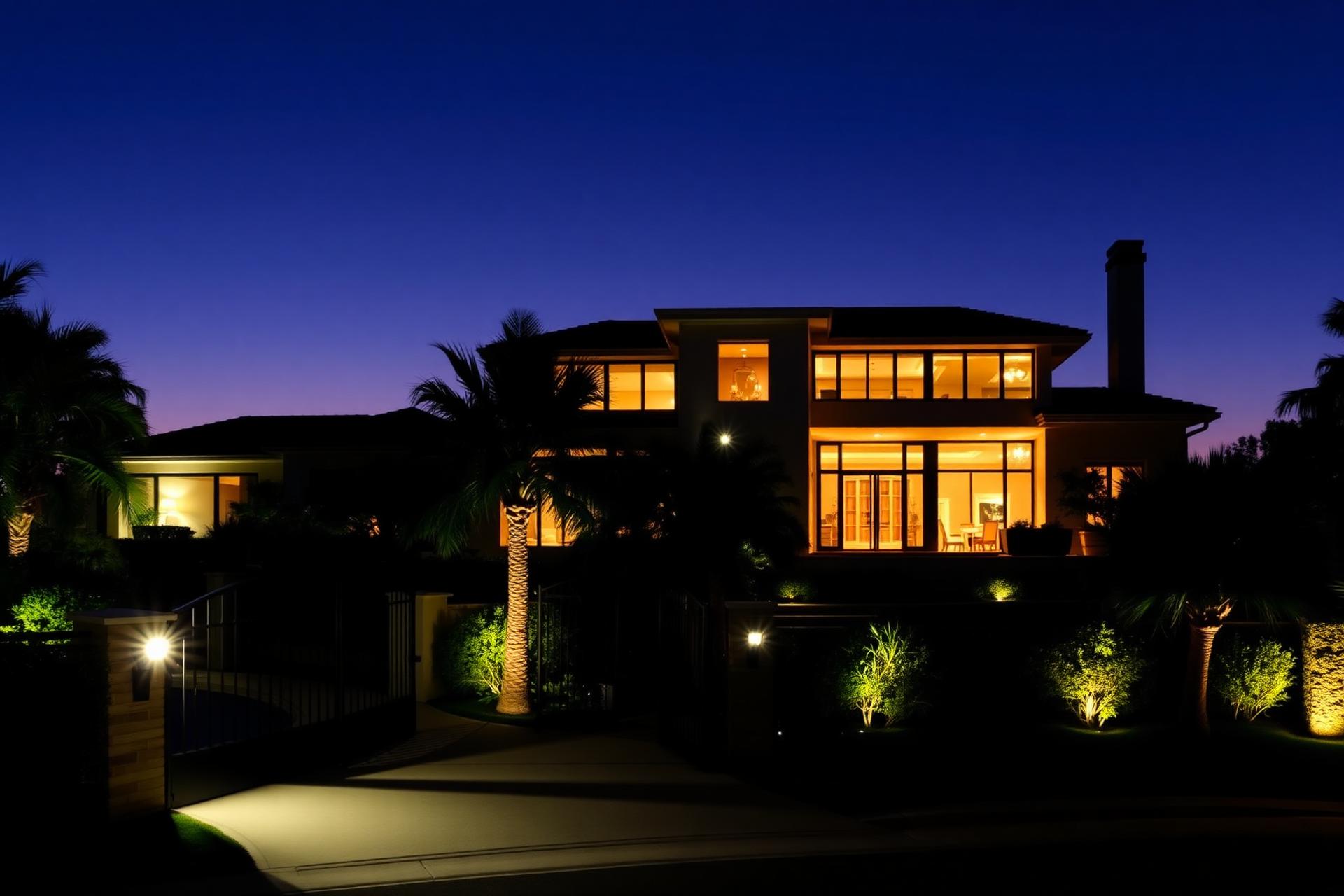 Gated luxury Beverly Hills estate at night with warm interior lighting