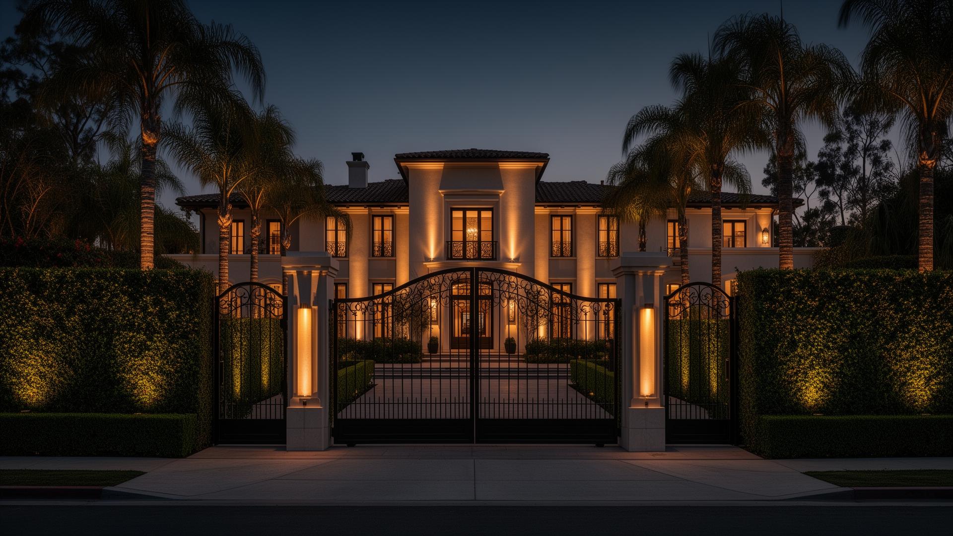 Gated luxury Los Angeles estate at dusk