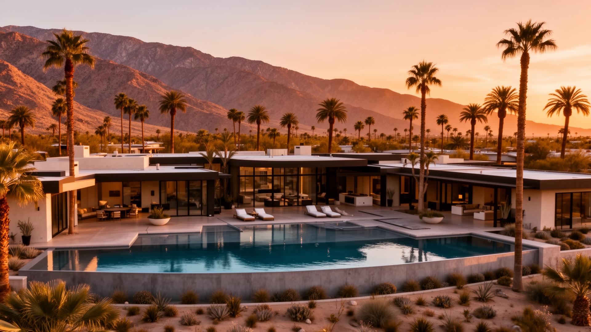 Luxury Coachella Valley desert estate with pool at sunset