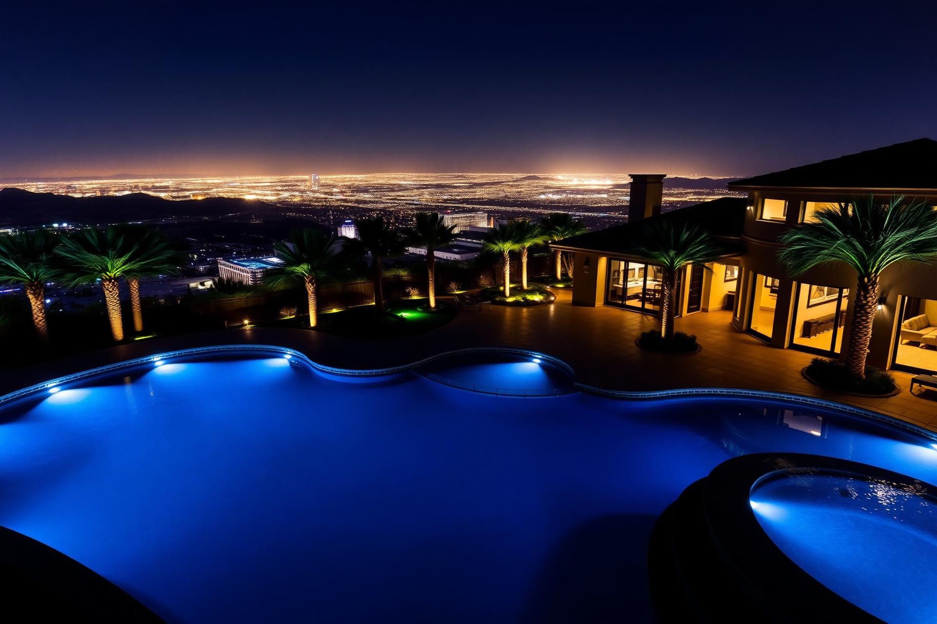 Luxury Las Vegas estate at night with resort pool and city lights