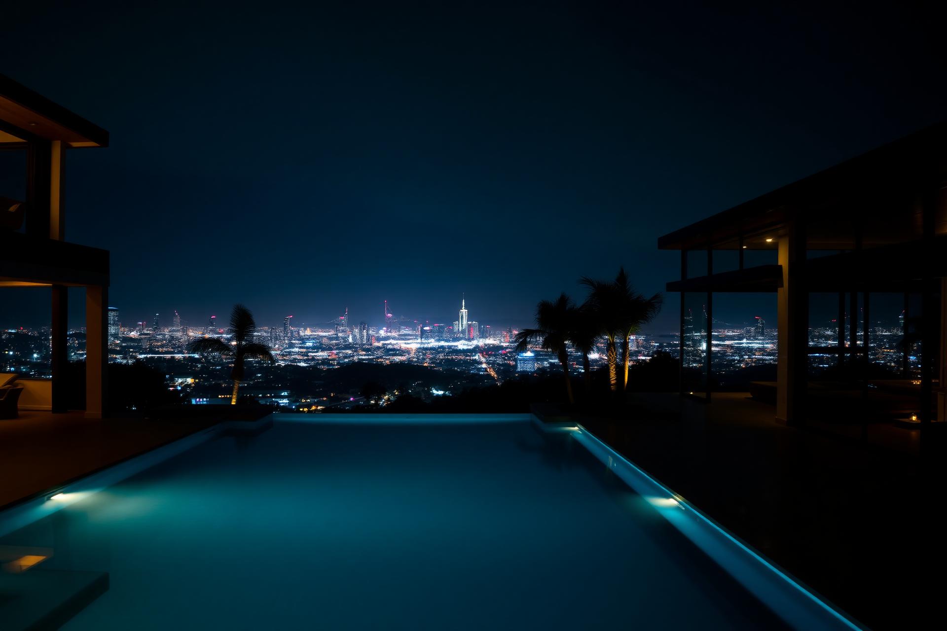 Luxury Los Angeles estate at night with illuminated infinity pool and city skyline
